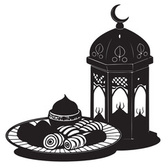 Still life of a plate of sweets and a lantern isolated on white background, a symbol of ramadan celebration