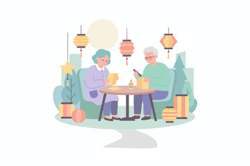 Happy elderly couple crafting paper lanterns enjoying a creative hobby or cultural festival
