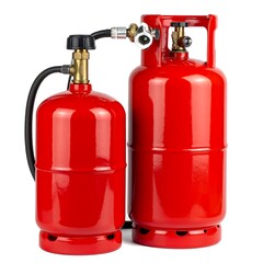 Two red gas cylinders of different sizes are connected via a black hose and brass fittings, ready for fuel delivery