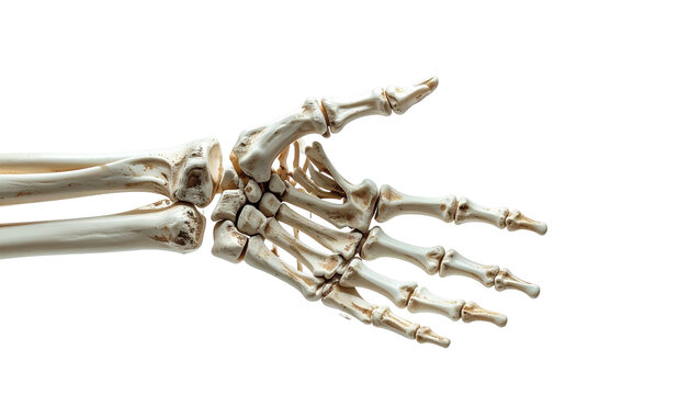 Bony human hand, viewed side angle, ivory skeleton against black backdrop