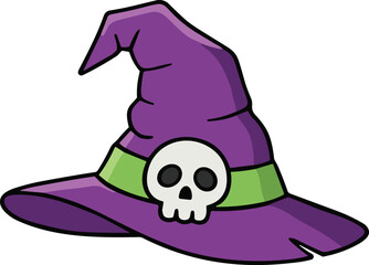 Halloween witch hat with skull emblem, spooky magical accessory illustration, festive costume artwork, fantasy design, holiday decoration vector drawing