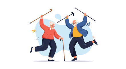 Two elderly people are happily dancing with their walking sticks.