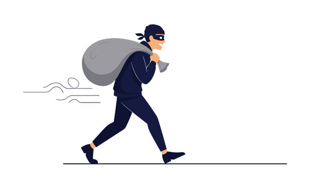 A sneaky thief wearing a mask and carrying a large sack of stolen goods runs away with speed.