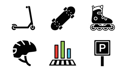 Skatepark Elements Collection: Featuring a Scooter, Skateboard, Rollerblades, Helmet, Obstacles, and Parking Sign for Recreation and Safe Riding in an Urban Setting, Perfect for Website Graphics,  Lif