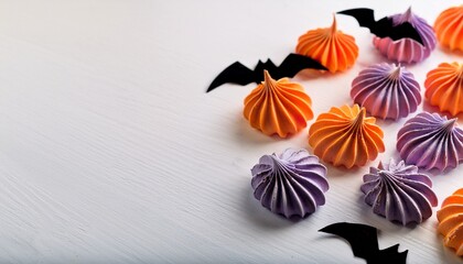 Halloween background. Purple and orange meringues with black sugar sprinklles small bats on white table with copy space. Generated image