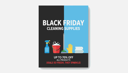 Black Friday cleaning supplies sale banner with icons Great for retail promotions and marketing