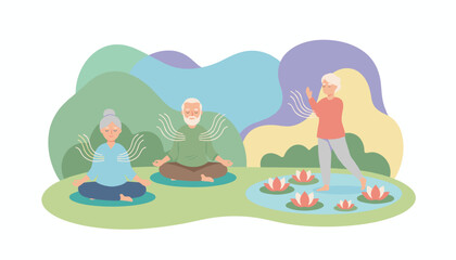 Seniors enjoy outdoor meditation and Tai Chi promoting peace wellness and active living