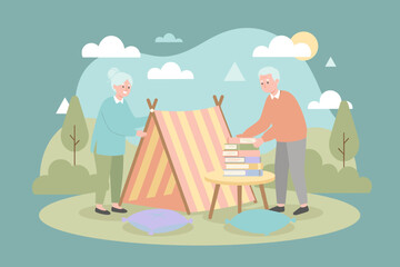 Elderly couple enjoying serene outdoor leisure setting up a cozy reading tent with books and cushions © Vector Solution