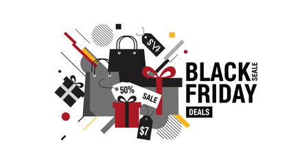 Black Friday Deals graphic with shopping bags gift boxes and sale tags
