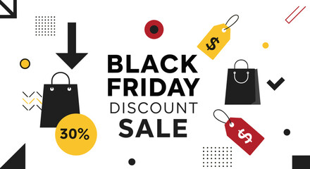 Black Friday Discount Sale banner with modern geometric design shopping bags and price tags