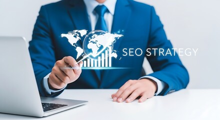 Businessman pointing at a glowing world map and seo strategy text with a magnifying glass, isolated on white background