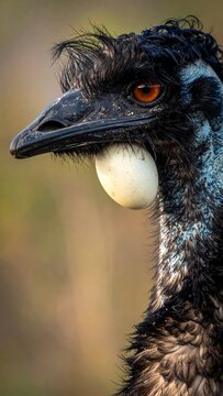 Close-up portrait of an emu bird holding a large, pale egg in its beak