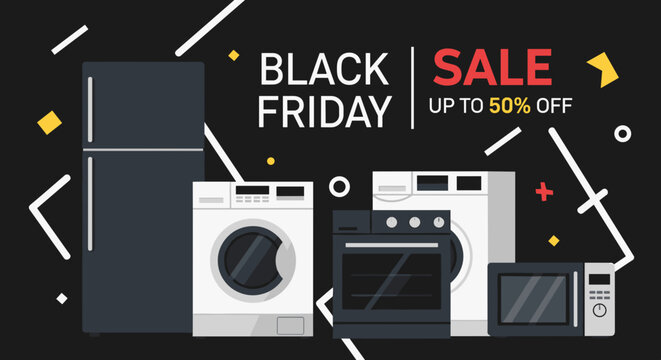 Black Friday appliance sale banner illustration fridge washer oven microwave