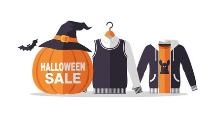 Halloween Sale graphic featuring a pumpkin with witch hat flying bat school uniform and casual dog hoodie Ideal for seasonal promotions