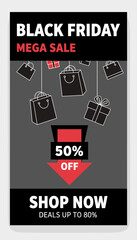 Black Friday mega sale banner with shopping bags  gift boxes 50 off deals up to 80