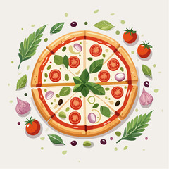 Top Down View of a Pizza Decorated with Fresh Ingredients on a White Background