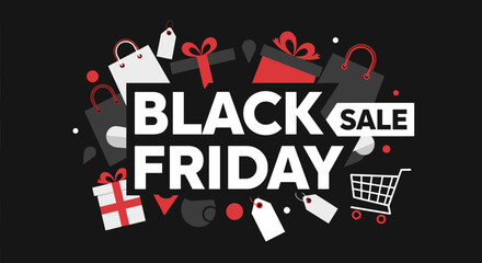 Black Friday sale banner illustration with gifts shopping bags and cart icons