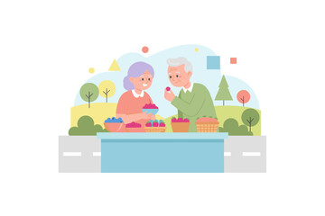 Happy elderly couple enjoying fresh berries at an outdoor market promoting healthy eating and lifestyle