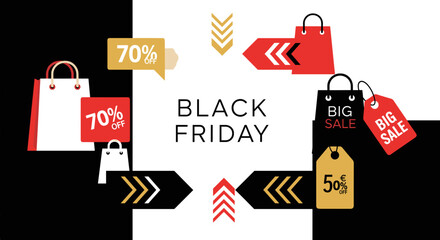 Black Friday sale banner with shopping bags and discount tags