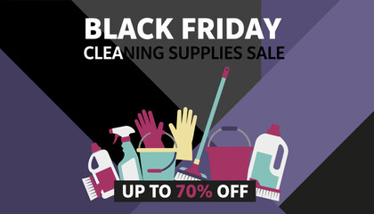 Black Friday Cleaning Supplies Sale graphic with discounts featuring cleaning tools and products