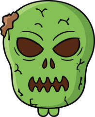Halloween zombie head cartoon illustration, spooky horror character artwork, creepy undead monster design, grotesque face drawing, scary seasonal vector graphic