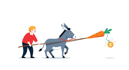 A boy uses a carrot to motivate a donkey towards a coin.