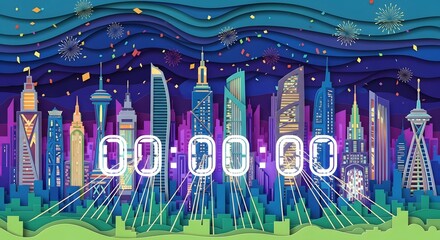 Colorful cityscape illustration with various skyscrapers and a digital countdown timer overlayed on the image.
