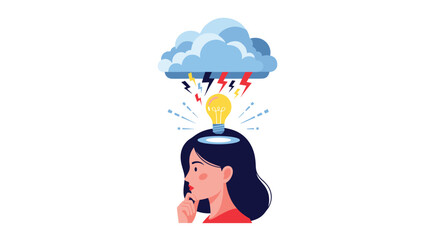 Conceptualizing new ideas during a brainstorm session with an idea lightbulb and stormy clouds.