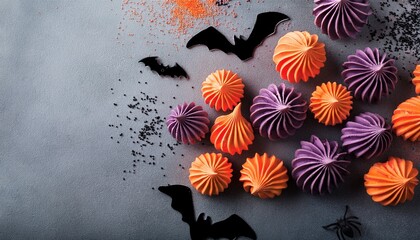 Halloween background. Red, purple and orange meringues with black sugar sprinklles small bats on gray table with copy space. Generated image