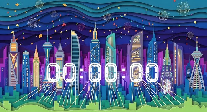 Colorful cityscape illustration with various skyscrapers and a digital countdown timer overlayed on the image.