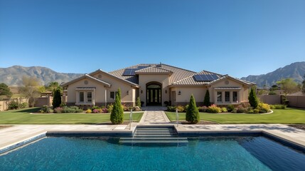 Fototapeta premium Luxurious modern mansion with a pristine swimming pool in the foreground set against a backdrop of majestic mountains under a clear blue sky