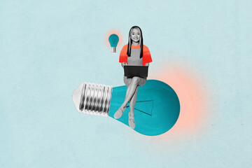 Picture pop collage of person use gadget sit lightbulb on blue background