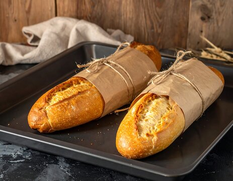 Two rustic, freshly baked baguettes wrapped in brown paper and twine, placed on a dark baking sheet against a wooden backdrop