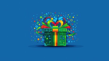 Colorful Gift Box Illustration with Vibrant Ribbon and Festive Decorative Elements on Blue Background, Perfect for Wallpaper, Poster, and Holiday Design, Showcasing Graphic Art