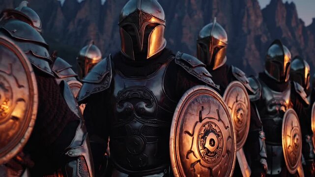 Armored knight and soldier stand ready. Knight and warrior wear armor and helmet and hold round shield. Army formation suggests medieval battle readiness. Rugged mountain ridge looms behind them.