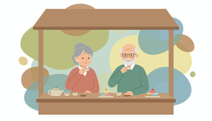 Elderly couple enjoying tea and cakes at a cozy outdoor cafe stall symbolizing leisure and happiness