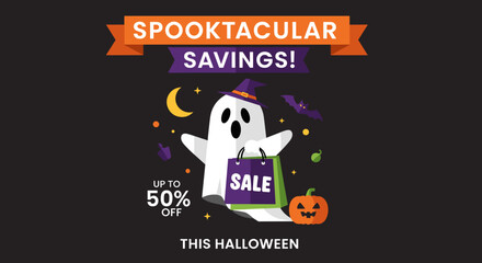 Spooktacular Halloween sale ad with ghost pumpkin and bat offering up to 50 off Ideal for seasonal promotions