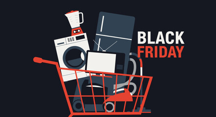Black Friday sale banner Shopping cart overloaded with appliances and electronics on dark background