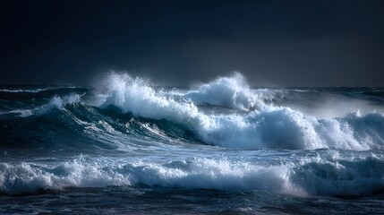 Obraz premium Powerful ocean waves crash under a dark, stormy sky.