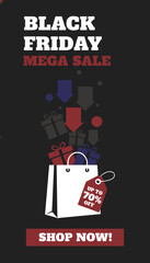 Black Friday Mega Sale banner with shopping bag falling gifts and 70 off discount