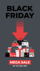 Black Friday Mega Sale with shopping bags gift boxes and credit cards Great for promotions