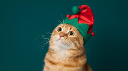 Funny cat wearing red christmas hat looking up with joyful expression and sparkling decorations