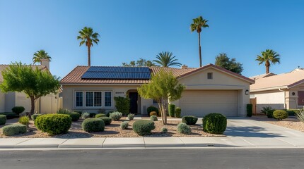 Fototapeta premium A charming single family home with a tiled roof and solar panels on the roof surrounded by lush green landscaping and palm trees under a clear blue sky