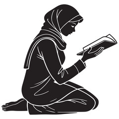 Silhouette of a woman kneeling and reading a book, wearing a hijab and traditional attire isolated on white background