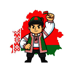 Illustration of a Belarusian man in traditional clothing holding a flag with the map of Belarus in the background