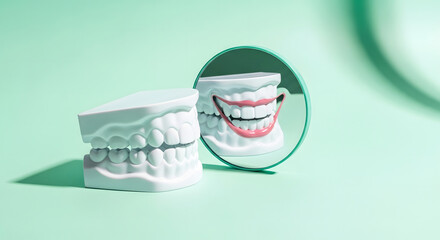 Dental model mirrored ideal smile display dentistry orthodontics oral hygiene clinic