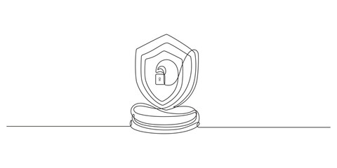 Continuous Line Security Shield with Padlock,world data protection day concept one line art vector
