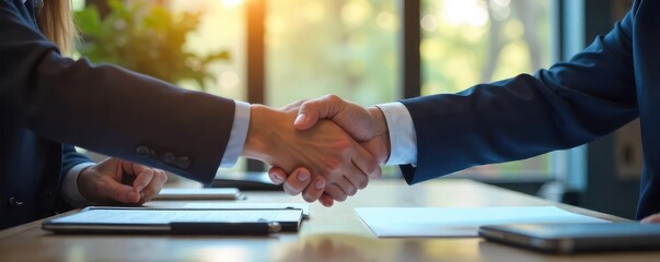 Confident handshake across a modern office desk during a job interview, signifying a successful meeting and potential new hire ,  suit,  employer,  partnership