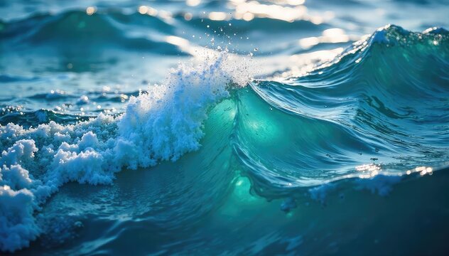 Close-up view of swirling ocean saltwater, texture rich with depth and color variations Sunlight glints off the surface, highlighting the salinity and movement , marine environment, oceanscape