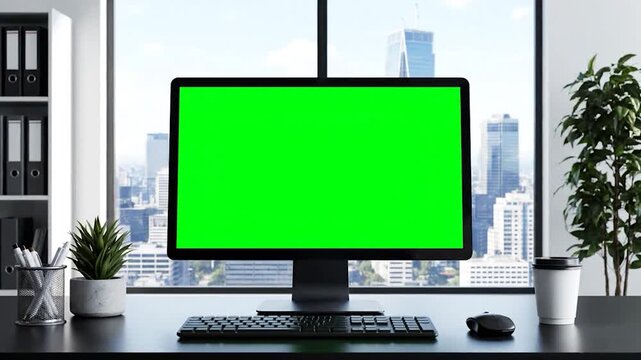 Modern Office Workspace with Green Screen Monitor and Cityscape View.